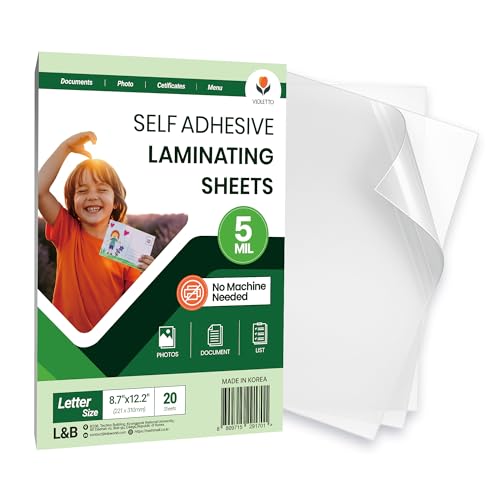 VIOLETTO 5 Mil Self-Adhesive Laminating Sheets 20 Pack, 8.7 x 12.2 Inches Cold Lamination Film for Photos and Documents, No Machine Needed, Crystal Clear Single Sided Vinyl