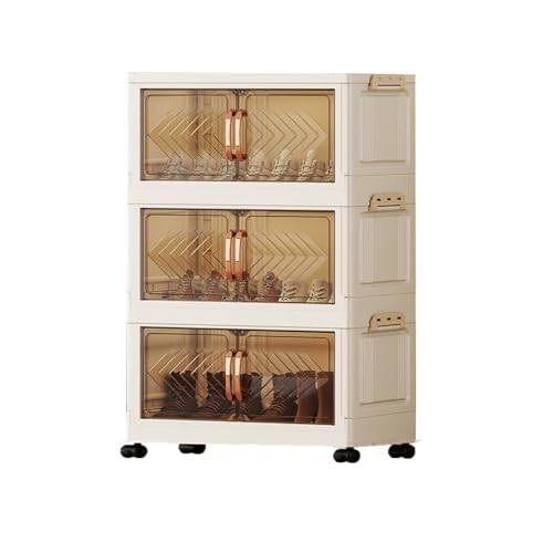 Zapatero apilable de plástico con puertas transparentes y ruedas, ahorra espacio, plegable, para entrada y dormitorio (gris transparente, 3 niveles, 3 rejillas)