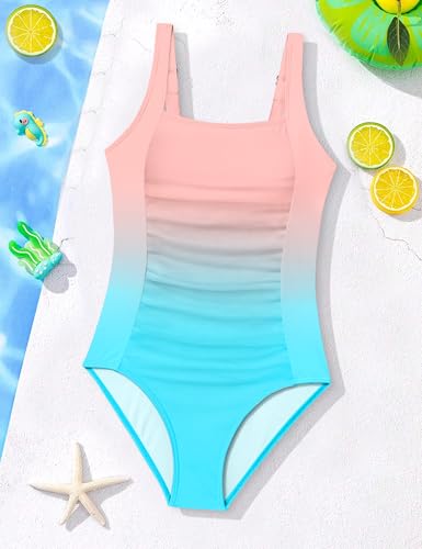 Image of BAVEDER Girls Swimsuit One Piece Swimsuits Solid Ruched Bathing Suit for Girls Full Coverage Modest Padded Swimwear 9-18y