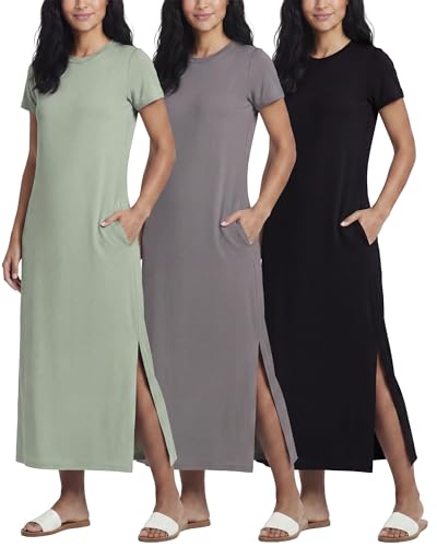 Image of Real Essentials 3 Pack Women's Casual Short Sleeve Maxi T-Shirt Dress with Slit (Available in Plus Size)