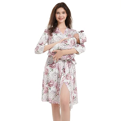 Image of Galabloomer Maternity Robe and Baby Receiving Blanket, Matching Mommy Labor Delivery Robe and Swaddle Set (l, white pink)