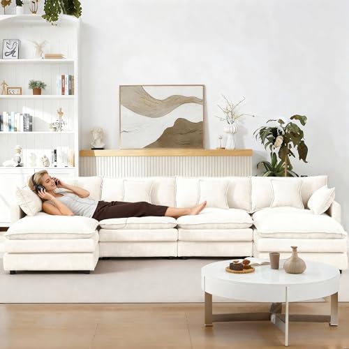 Image of 106.3 inch U Shaped Modular Sectional Sofa, Comfy Upholstery Chenille Cloud Couch with Ottoman, Modern 4-Seat Deep Seat Sofa with Pillow for Living Room, Bedroom, Apartment, Beige White