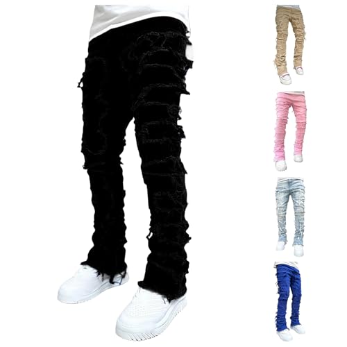 Mens Slim Fit Stretch Jeans Distressed Patchwork Stacked Frayed Skinny Denim Pants Straight Leg Trouser4