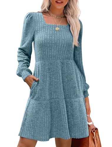 Image of Sampeel Womens Square Neck Long Sleeve Fall Dresses Casual Babydoll Sweater Dress