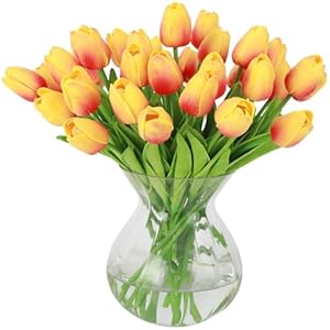 Nubry 30pcs Artificial Tulip Flowers Fake Real Touch Tulips Flower Bouquet for Wedding Arrangements Centerpieces Home Decoration (Orange)