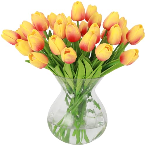 Nubry 30pcs Artificial Tulip Flowers Fake Real Touch Tulips Flower Bouquet for Wedding Arrangements Centerpieces Home Decoration (Orange)