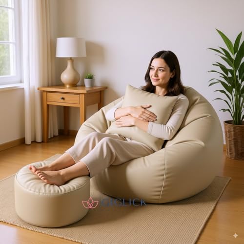 Image of 4XL Bean Bag Chair with Footrest & Cushion | Pre-Filled Beans | PVC Leatherette Lounger Sofa | Indoor & Outdoor Bean Bag with Pocket & Handle | Double Stitching | 6 Months Warranty Color- (Cream)