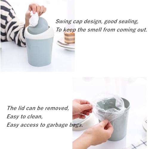 Image of Plastic Mini Desktop Trash Can with Trash Bags, Tiny Wastebasket Small Garbage Waste Bin with Swing Lid for Tabletop Table Office Kitchen Bedroom Bathroom (Blue)