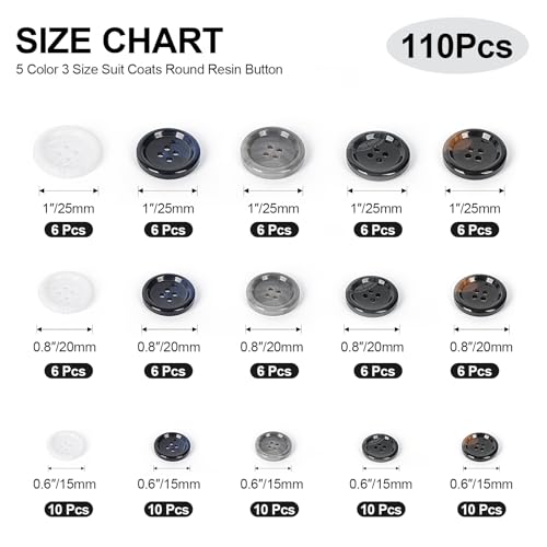 Image of 110Pcs Mixed Sewing Buttons, 4-Hole Craft Round, 5 Color 3 Size(15mm,20mm,25mm) Suit Coats Blazer Resin Button, Suitable for Variety Clothing Sewing, DIY Craft (White,Grey, Brown,Blue, Black)