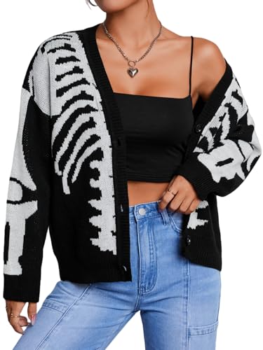 SHENHE Women's Star Print Button Down V Neck Goth Drop Shoulder Cardigan Sweater3
