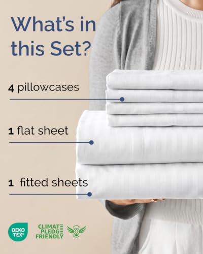 Image of Queen 6 Piece Bed Sheet Set - Breathable & Cooling Sheets - Striped White