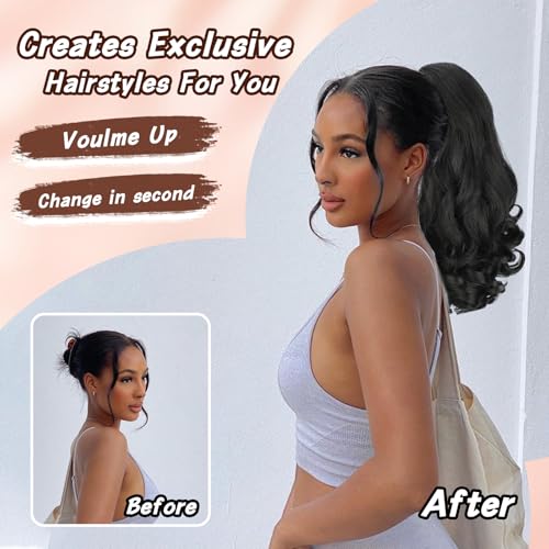 Cisyia Ponytail Extension 16 Inch Wavy Curly Black Drawstring Ponytail For Black Women Yaki Loose Curly Pony Tails Natural Synthetic Hairpiece Thick For Daily Use thumb #2