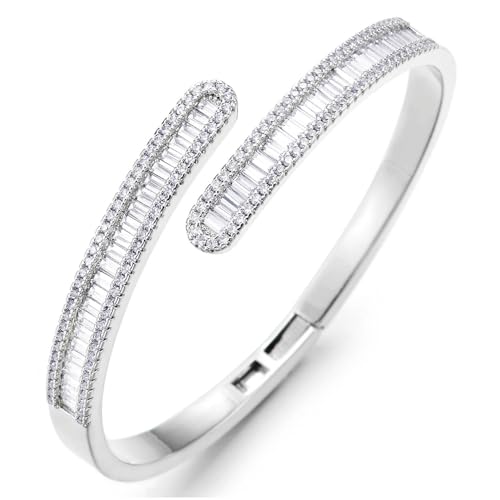 COOLSTEELANDBEYOND Pave Baguette Cubic Zirconia Tennis Bracelet Cuff Bracelet Bangle, Fashion Jewelry, Sparkling