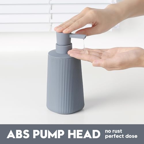 Image of Small Soap Dispenser for Bathroom and Kitchen, Modern Farmhouse Striped Style Plastic Hand Soap Dish Soap Dispenser with Pump Matte Gray