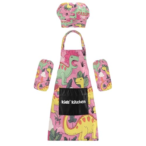 Bulletgxll Cute Dinosaurs Kids Apron and Chef Hat Set Adjustable Bib Aprons with Pockets for Cooking Baking Painting