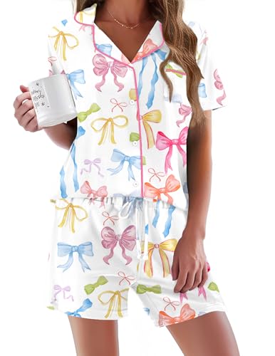 Image of Ekouaer Pajamas Set for Women Short Sleeve Sleepwear Button Down Pjs Soft 2 Piece Lounge Sets XS-XXXL