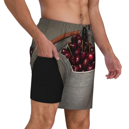 Bucket with Full of Cherries Men's Soft Double Swim Shorts, Lounge Swiming Shorts Pants Breathable Summer3
