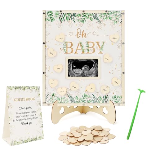 Threelf Sage Green Baby Shower Decorations Guest Book Alternatives with Four Leaf Clover Pen 60 Heart Wood Slices for 60 Guests Boy or Girl Gender Reveal Decorations