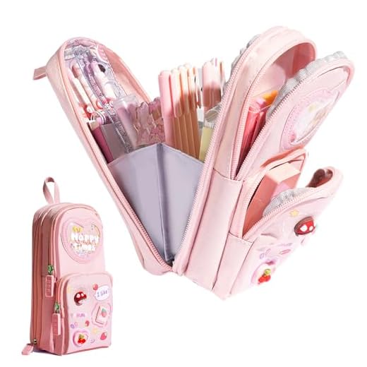 Gsrhzd Estuches Escolares, Estuche Niña, Estuche Aesthetic de Gran Capacidad, Estuches Escolares 3 Compartimentos, para Niñas Niños Adolescentes Estudiantes Adultos, Rosa