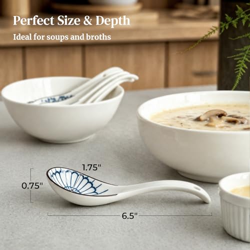 Image of DOWAN Soup Spoons, Asian Ceramic Soup Spoon, with Long Handle Easy to Hold, Non-slip Bottom, Japanese Spoon for Ramen Pho Wonton Dumpling Miso, Set of 4