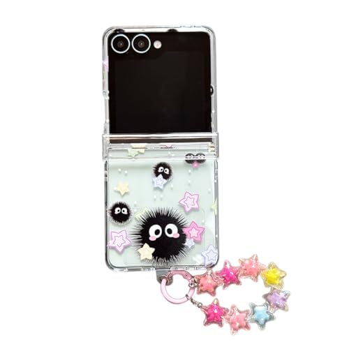 GO-VOLMON Girls Strap Case for Galaxy Z Flip 7 with Stars and Cute Design Lovely Woman Wristband Cover Kawaii Cartoon Soot Girly Hinge Protect Case for Z Flip 7 Clear