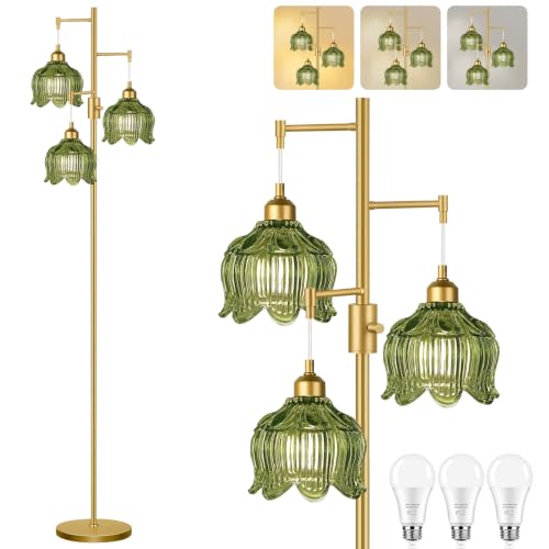 Image of Vintage Floor Lamps for Living Room 3 Light Glass Floor Lamp with 3 Color Temperatures, Dimmable Green Floor Lamp Gold Mid Century Modern Standing Lamp Tall Tree Flower Floor Lamp for Bedroom Corner