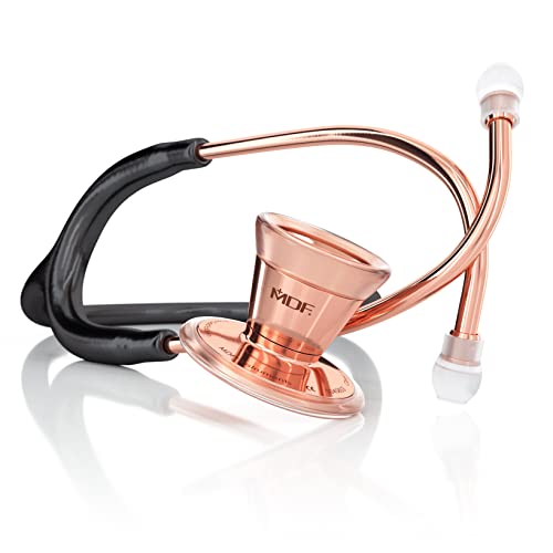 Image of MDF Instruments, Rose Gold ProCardial Cardiology Stethoscope, Stainless Steel, Adult, Dual Head, Black Tube, Rose Gold Chestpiece-Headset, MDF797RG11