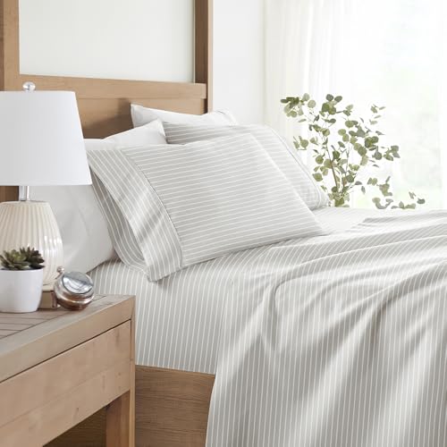 LINENS & HUTCH Sheet Set Patterned Microfiber Ultra Soft Bedding in Distressed Awning Stripe - Twin Distressed Awning Stripe Light Gray