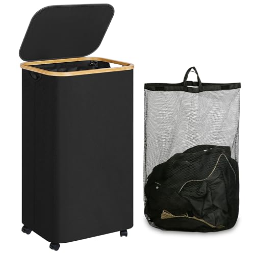 Image of iEGrow Laundry Hamper with Wheels,110L Clothes Hamper for Laundry, Laundry Basket with Lid and Inner Bag, for Laundry Room, Bedroom, Dormitory Storage,Black
