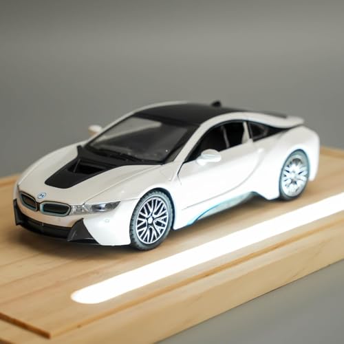 Image of 1:32 BMW i8 Diecast Toy Car Pull Back Metal Car with Openable Doors Sound & Light Features Realistic Kids Gift & Collectible Model for Boys & Girls (White)
