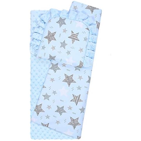 BlueberryShop Reversible Minky Cotton Pram Crib Moses 2pc Set Quilt & Pillow (29.5" x 25.5") (0-12 m) (75 x 65 cm) (Blue/Blue Stars) Cover