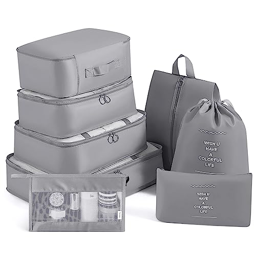 Cooyou 8-Teilige Koffer Organizer Set, Kompression Packtaschen, Wasserfester Packing Cubes, Packwürfel für Travel Organizer, Reise Organizer Set Für Urlaub Und Reisen, Grau, (LX01PARENT)