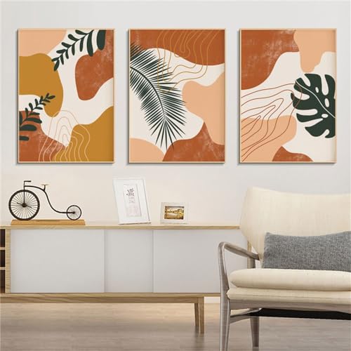 Carteles botánicos abstractos naranjas en lienzo de 60x70cm para salón sin marco set de 3