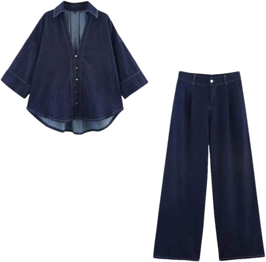 Womens Denim Two Piece Set With Cropped Jacket And High Waist Wide Leg Pants Casual Loose Fit Spring Summer Outfit