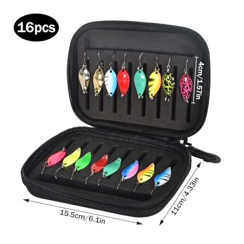 Trout Fishing Spoon Lure, Artificial Bait Spinner Blinker with Storage Box with Single Hook Metal Fishing Lures for Pike Zander Perch Trout 16 Pieces - Image 2