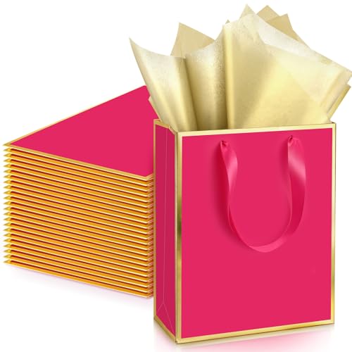 Image of Yeaqee 24 Pack Metallic Paper Gift Bags, Hot Pink, Gold | with Satin Ribbon Handle and Tissue, 9x7x3.1 Inch, Suit Business, Birthday, Christmas, Thank You Return Gifts Bags