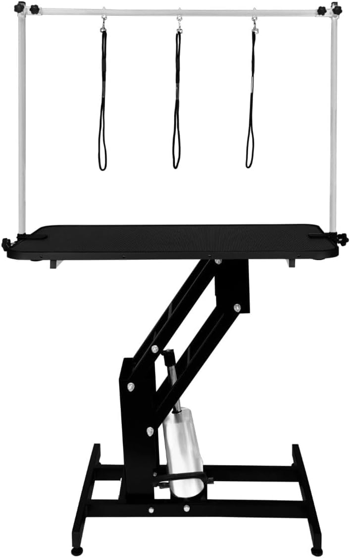 Tavolo Idraulico Toelettatura Cani - Altezza 55-101 cm, Capacità 180 kg, Nero - Piano Nero, Antiscivolo 106x61 cm, Acciaio Nero, Piedini Livellanti, 3 Guinzagli