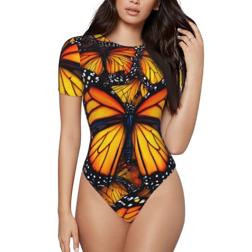 WOEZKEX Womens Basic Sleeveless Crewneck Bodysuits Slim Fit Stretch Tank Tops beautiful orange monarch butterfly (2) Breathable Halter Jumpsuits