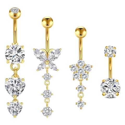 VCMART 14g Gold Belly Button Ring Dangle Belly Button Rings Piercing Jewelry Surgical Stainless Steel Belly Navel Rings Piercing for Women Heart Butterfly Diamond 10mm Cover