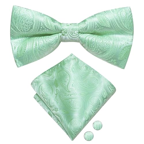 Image of Dubulle Mint Green Mens Bow Tie Set Pre-tied Paisley Striped Bowtie for Men and Pocket Square Cufflinks Wedding Business