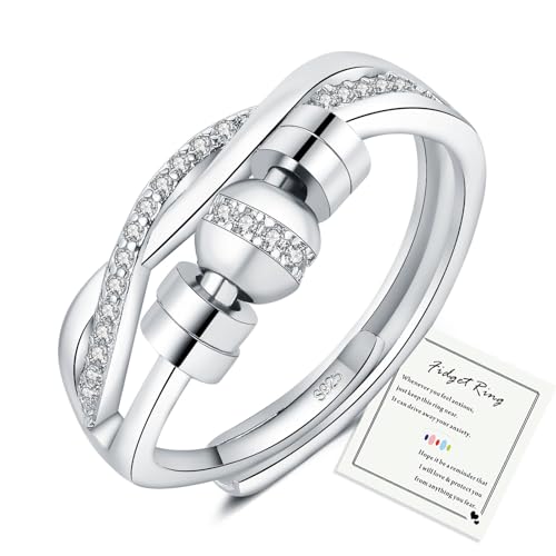 Fidget Rings Silver Anxiety Rings for Women, Adjustable Anti Anxiety Ring with Beads, 925 Sterling Silver Fidget Rings Women, Spinner ThumbRing, Stress Relief Ring forWomen Men Christmas Birthday