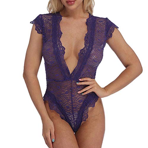 Sous-vêtements sexy pour nuit romantique combinaison dentelle violette Deep V