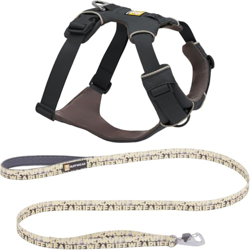 Ruffwear, Front Range Dog Harness and Leash, Reflective and Padded, No Pull Harness and 5-ft Leash with Padded Handle for Walking, Basalt Gray & Mountains Logo
