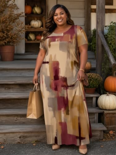 Image of PinkPatty Plus Size Dress for Women Casual Crew Neck Short Sleeve Maxi Dress Oversized Summer Beach Dresses with Pockets