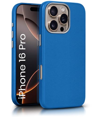 Image of WOW IMAGINE Back Cover for iPhone 16 Pro | Shockproof Tough Leather Texture Hard Mobile Case | Ultra Slim Non-Slip Grip | Inner Velvet Fabric | Metal Camera Ring - Blue