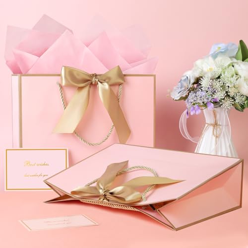 Image of JMANNI Pink Gift Bags with Handles, 13 inch Medium Gift Bag for Presents, 2 Pcs Bags with 4 Tissue Paper and 2 Cards for Baby Shower Wedding Bridal Shower Mother's Day Birthday Party (Pink-gold)