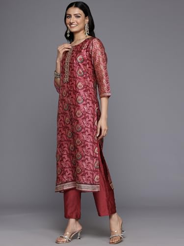 Image of Varanga Women Floral Printed Kurta Pant Set with Dupatta | Silk Blend Fabric | Summer Wear | 3 /4 Sleeve Round Neck | Lightweight & Comfortable Daily Wear