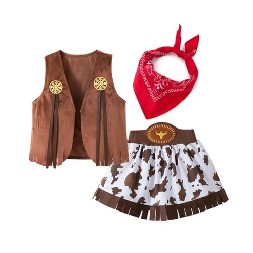 Genérico Disfraz de Vaquera del Oeste para Niña Cowgirl Disfraz con Chaleco de Ante y Falda Clásico Traje de Cowgirl con Pañuelo a Cuadros Rojos Niña Vaquera Disfraces para Fiestas Temáticas Carnaval