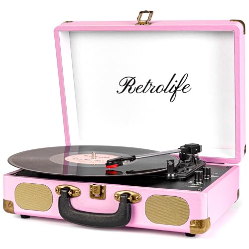 Image of Vinyl Record Player 3-Speed Bluetooth Suitcase Portable Belt-Driven Record Player with Built-in Speakers RCA Line Out AUX in Headphone Jack Vintage Turntable Pink