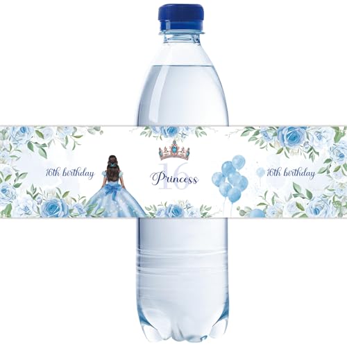 Emballages bouteille eau anniversaire 16 ans : stickers floraux bleus anti-bulles pour table fille